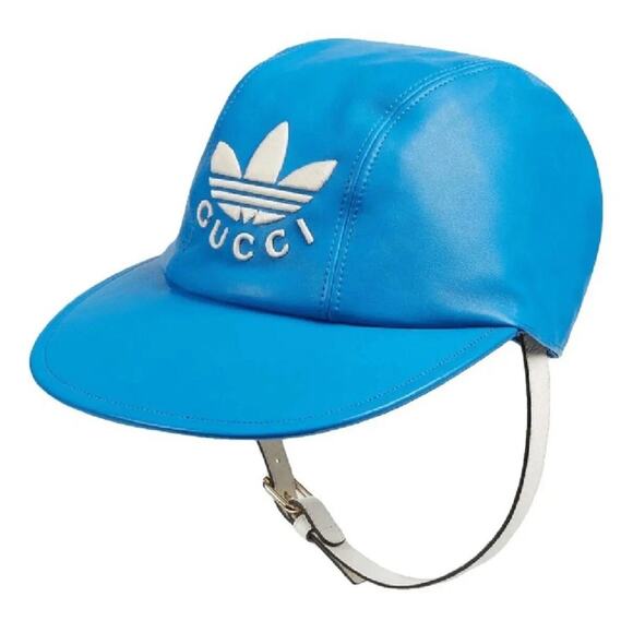 NWT Gucci x Adidas Blue Leather Logo Baseball Cap Hat L 58cm Removable Strap - Picture 1 of 12